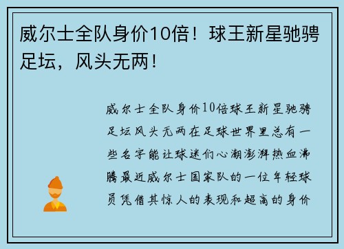 威尔士全队身价10倍！球王新星驰骋足坛，风头无两！